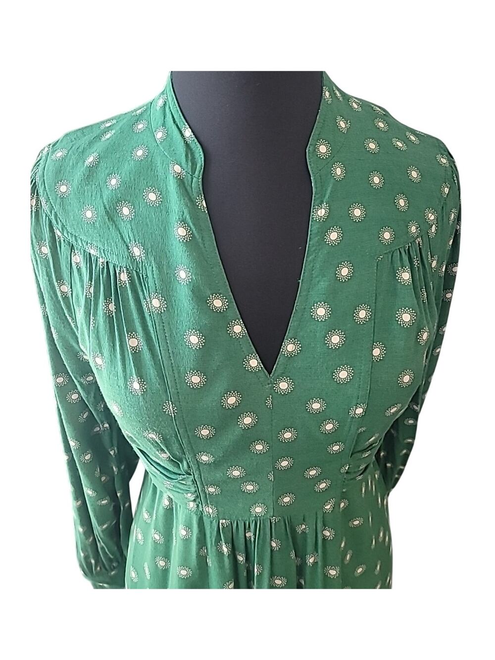 Boden Floral Print Midi Dress Green Spring Long Sleeve V Neck Women US 6R UK 10R